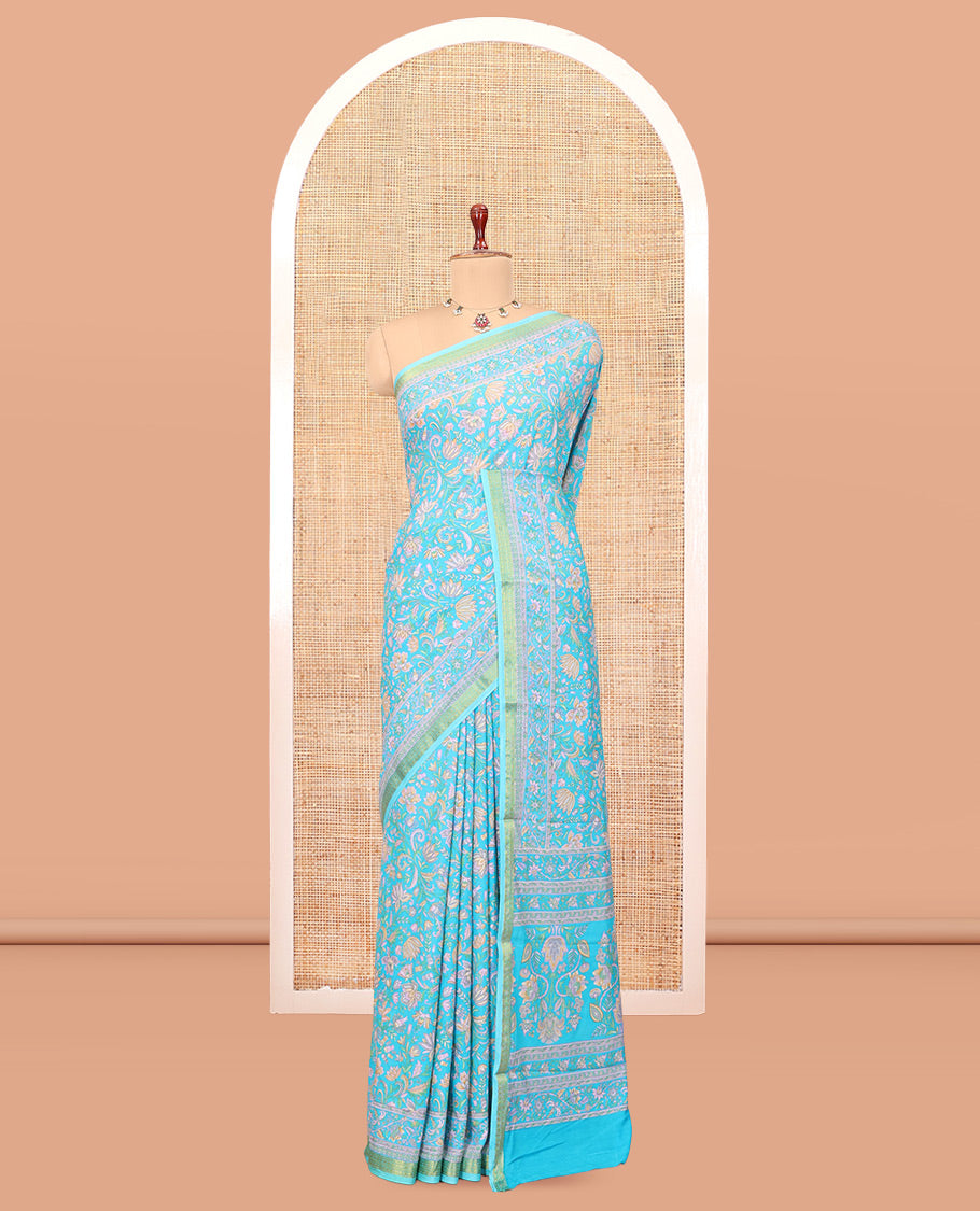 Blue Printed Silk Saree, Prettified with Floral Vine Print, a Zari Border, Floral Print Pallu, and a Matching Blouse