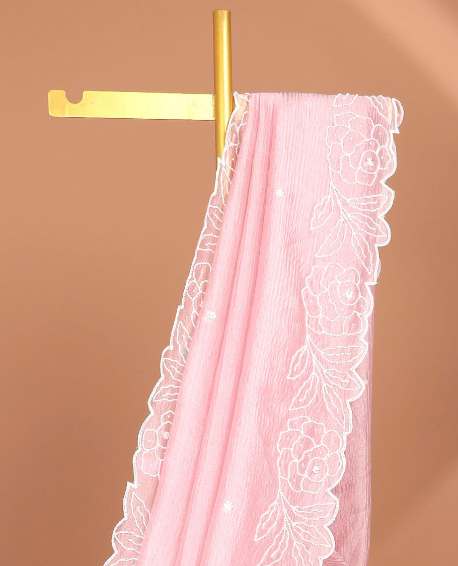 Light pink floral bead embroidery tissue saree with floral scallop bead embroidery border
