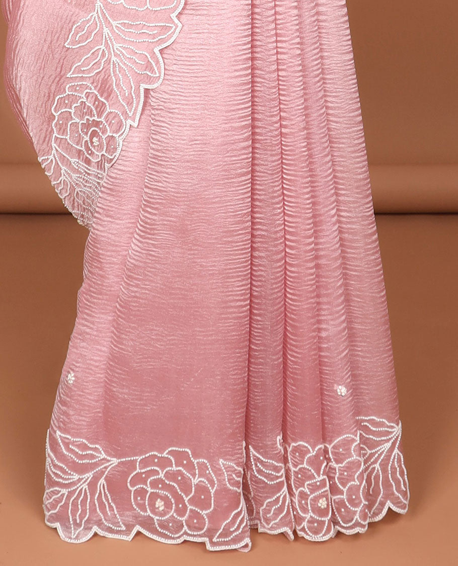 Light pink floral bead embroidery tissue saree with floral scallop bead embroidery border