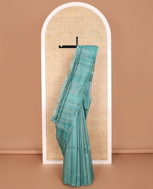 Sea blue with striped, sequins embroidery tussar saree with self border & geometric design pallu
