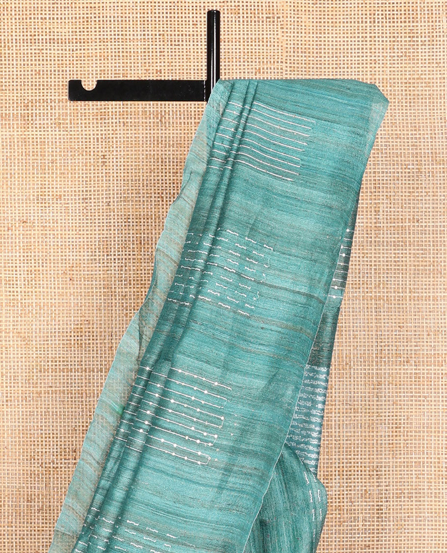 Sea blue with striped, sequins embroidery tussar saree with self border & geometric design pallu
