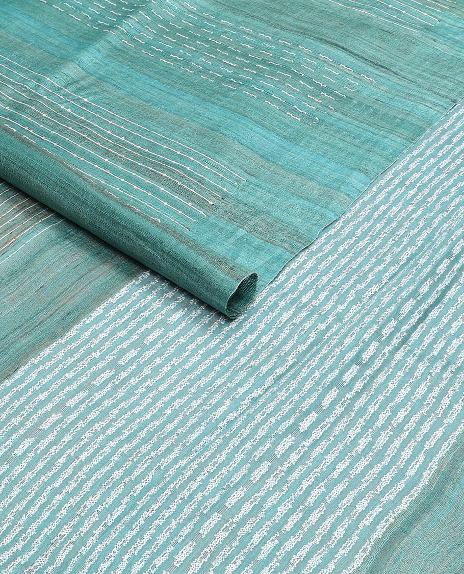 Sea blue with striped, sequins embroidery tussar saree with self border & geometric design pallu