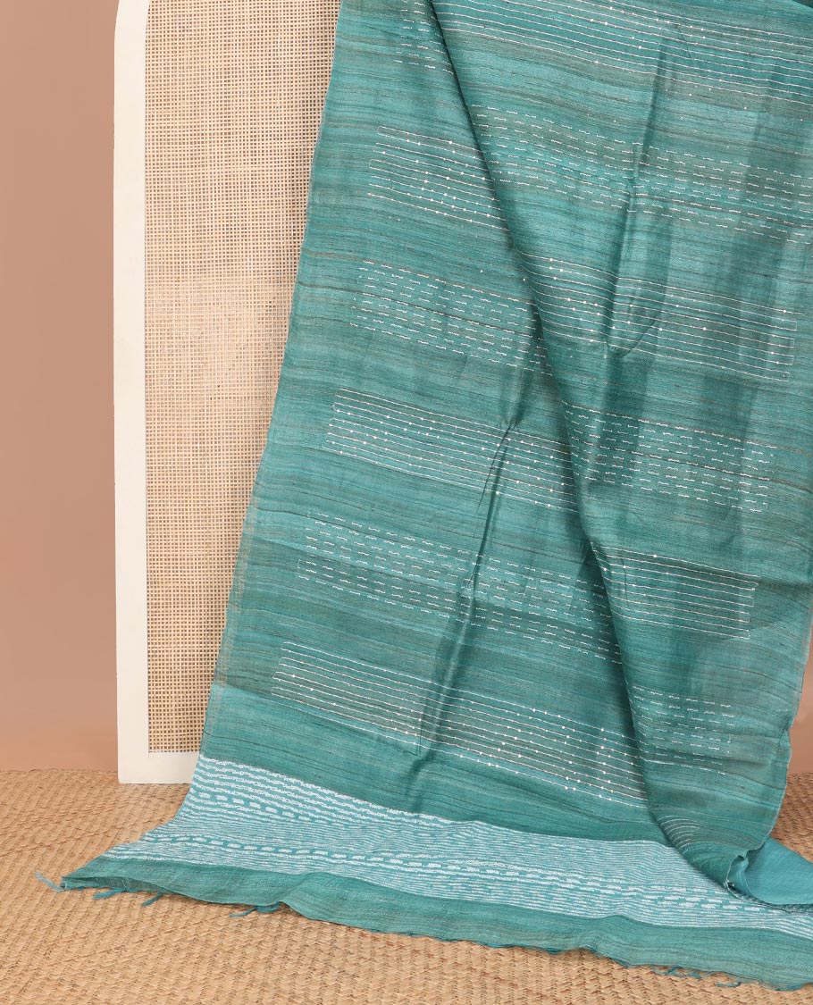 Sea blue with striped, sequins embroidery tussar saree with self border & geometric design pallu