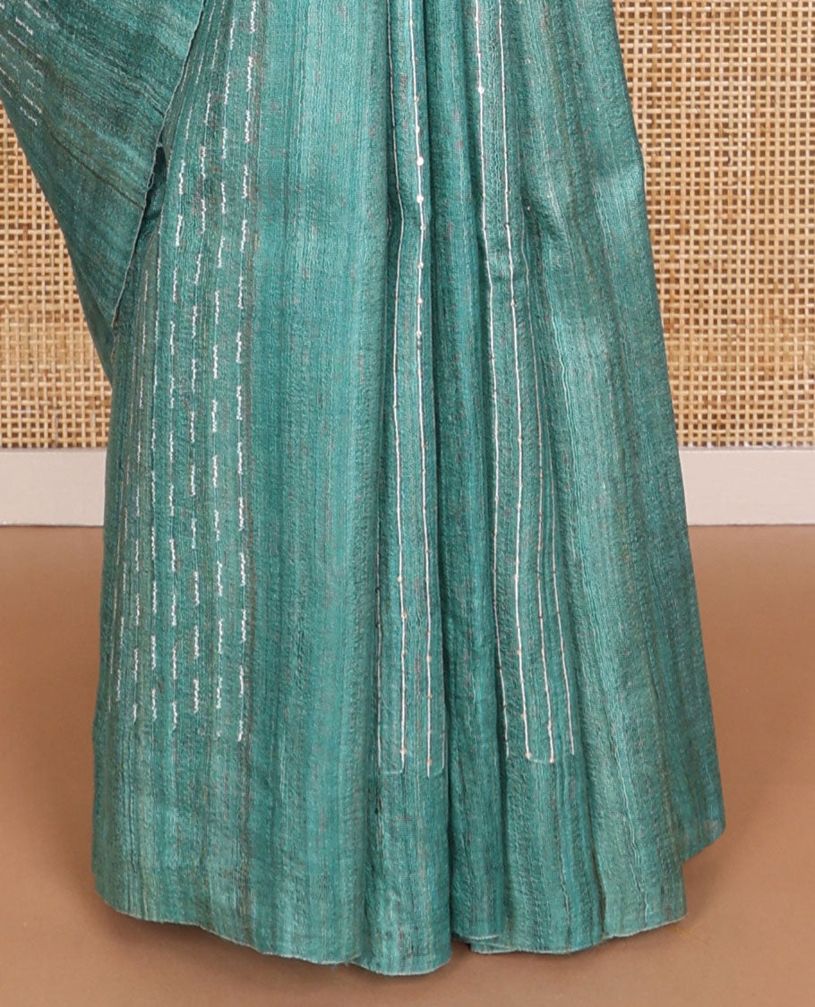 Sea blue with striped, sequins embroidery tussar saree with self border & geometric design pallu