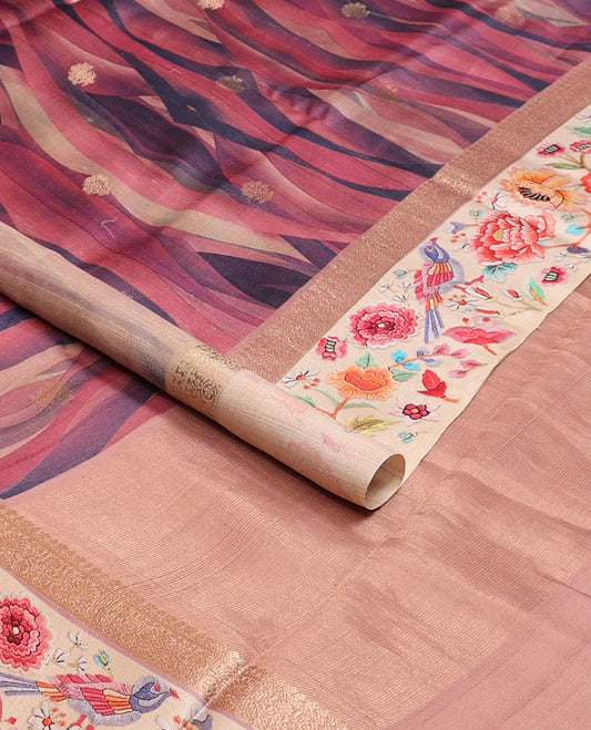 Pink abstract-style printed tussar saree with zari buttas, contrast border of traditional zari design & multi-color floral & bird motifs print & zari striped pallu