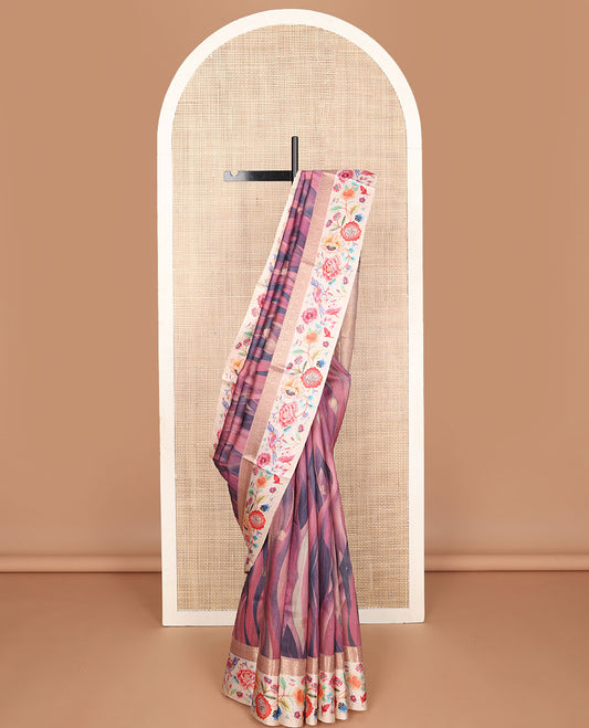 Pink abstract-style printed tussar saree with zari buttas, contrast border of traditional zari design & multi-color floral & bird motifs print & zari striped pallu