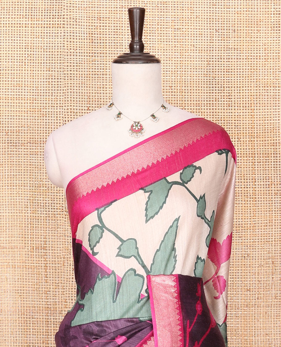 Multi-Color Tussar Saree with Floral and Abstract Print, Contrasting Zari Temple Border, Striped Pallu, and a Contrast Blouse of Zari Border