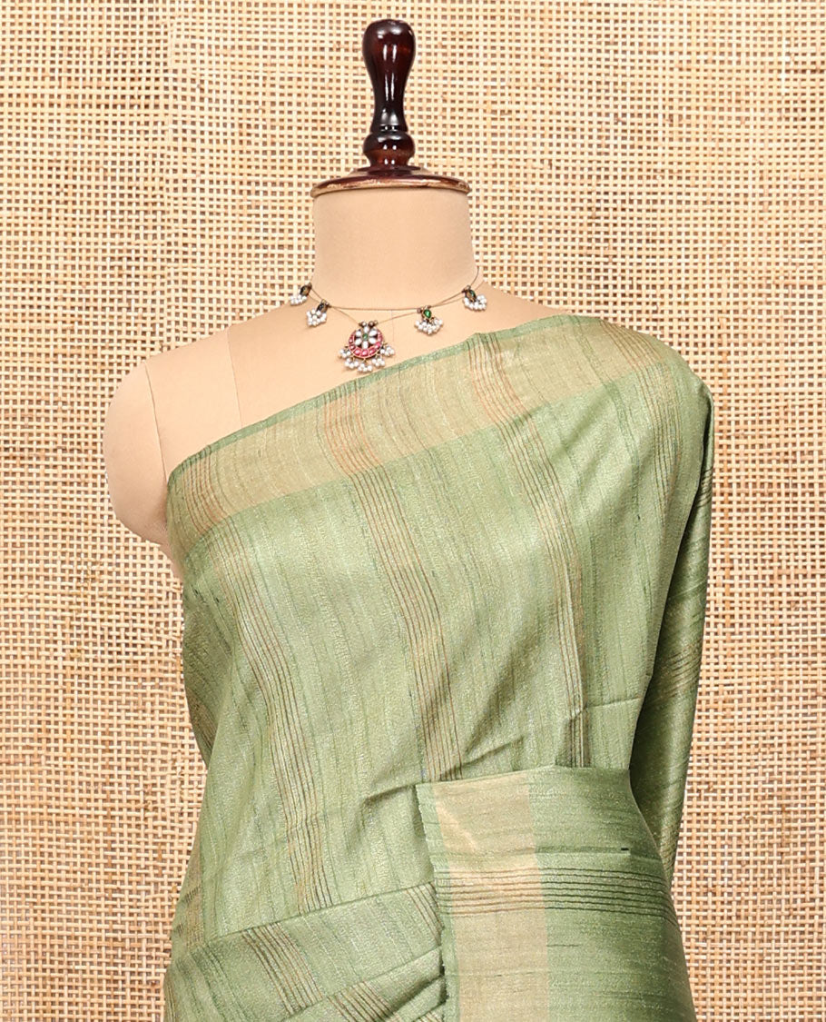 Green Heathered Tussar Silk Saree, a Subtle Border, a Gleaming Pallu, and a Matching Blouse