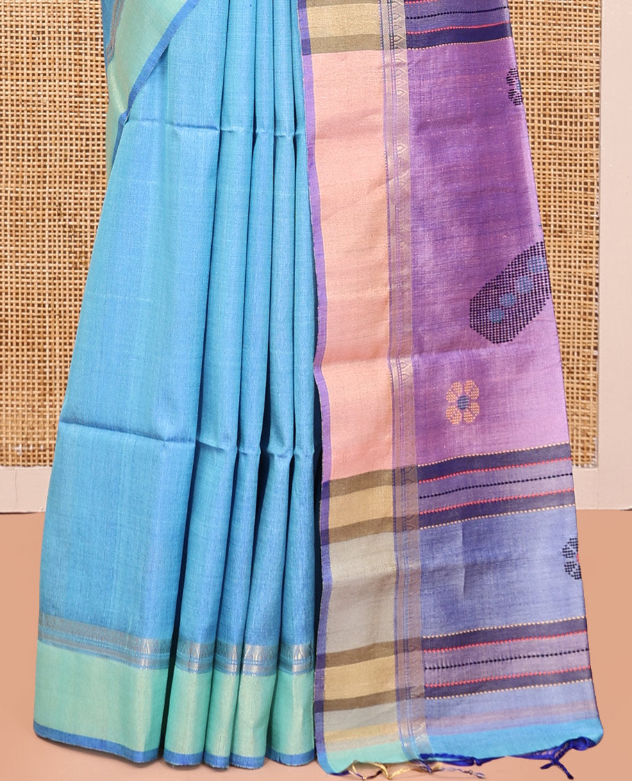 Blue Tussar Silk Saree, Bedecked with Flower Motifs, Contrast Zari Border, Thread Woven Pallu, and Contrast Blouse