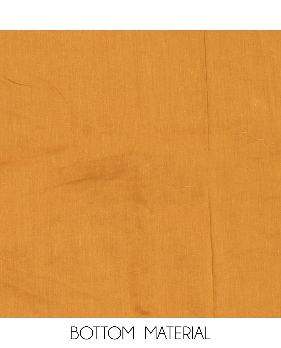 Yellow material churidar set, batik printed with neck embroidered cotton top, plain cotton bottom, and shibori printed chiffon dupatta