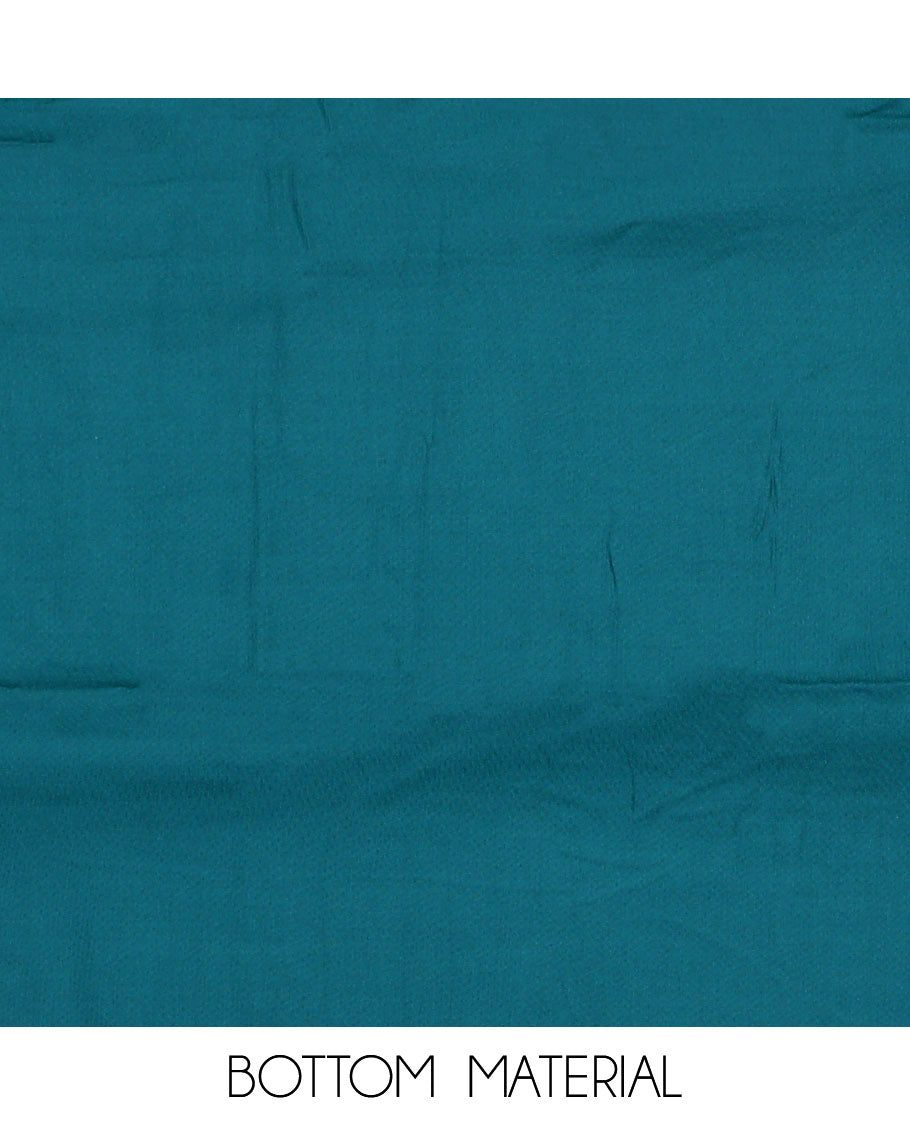 Red material chudidar set, ikkat buttas with neck patch embroidered top, contrast plain bottom, and block printed dupatta