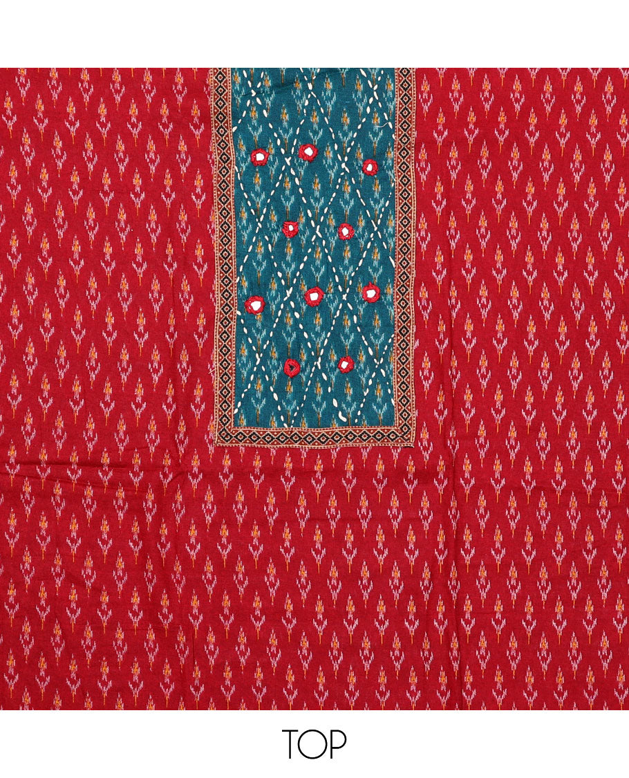 Red material chudidar set, ikkat buttas with neck patch embroidered top, contrast plain bottom, and block printed dupatta