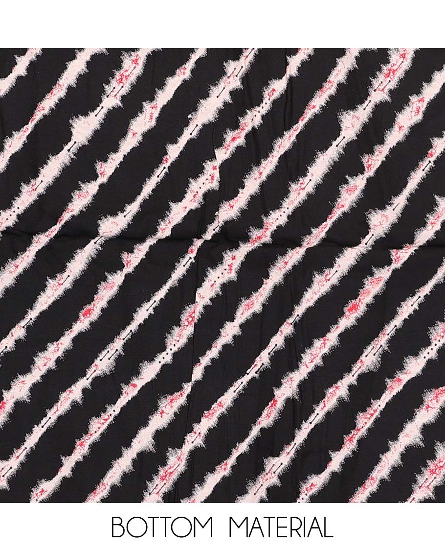 Black material chudidar set, geometric print with neck embroidered top, shibori printed bottom, and dupatta