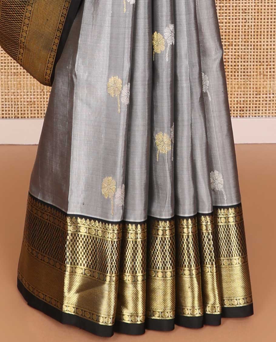 Grey floral motifs venkatagiri silk saree with contrast intricate zari design border & argyle design pallu