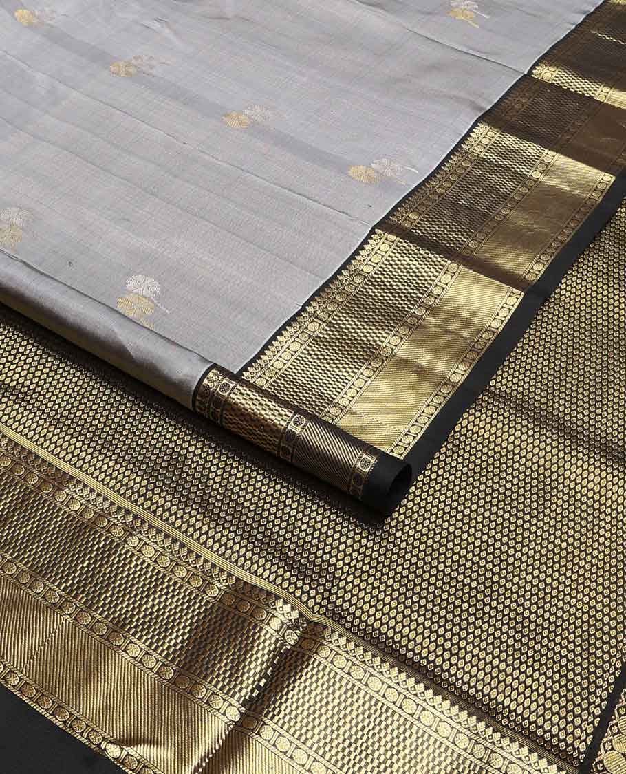 Grey floral motifs venkatagiri silk saree with contrast intricate zari design border & argyle design pallu