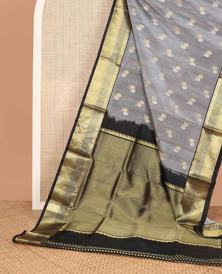 Grey floral motifs venkatagiri silk saree with contrast intricate zari design border & argyle design pallu