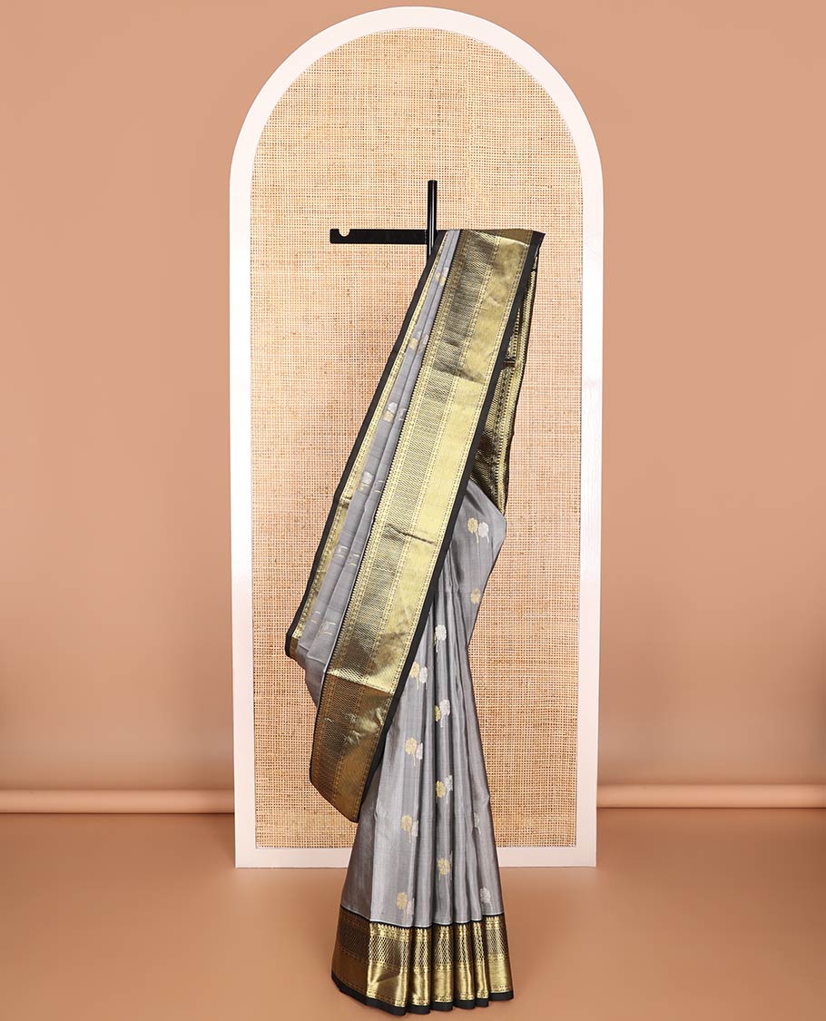 Grey floral motifs venkatagiri silk saree with contrast intricate zari design border & argyle design pallu