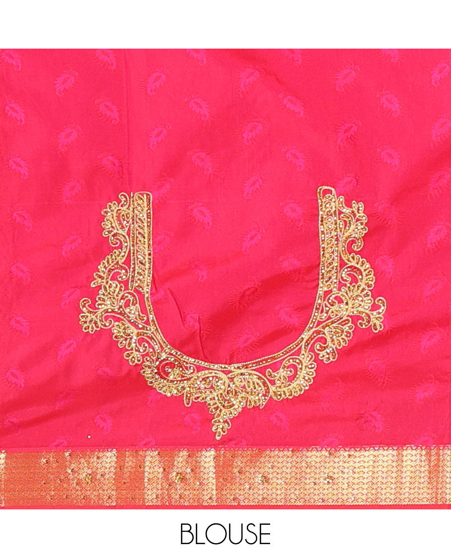 Blue jacquard stone embroidered silk saree, contrast scallop cut embroidered border & pallu of intricate design & embroidery