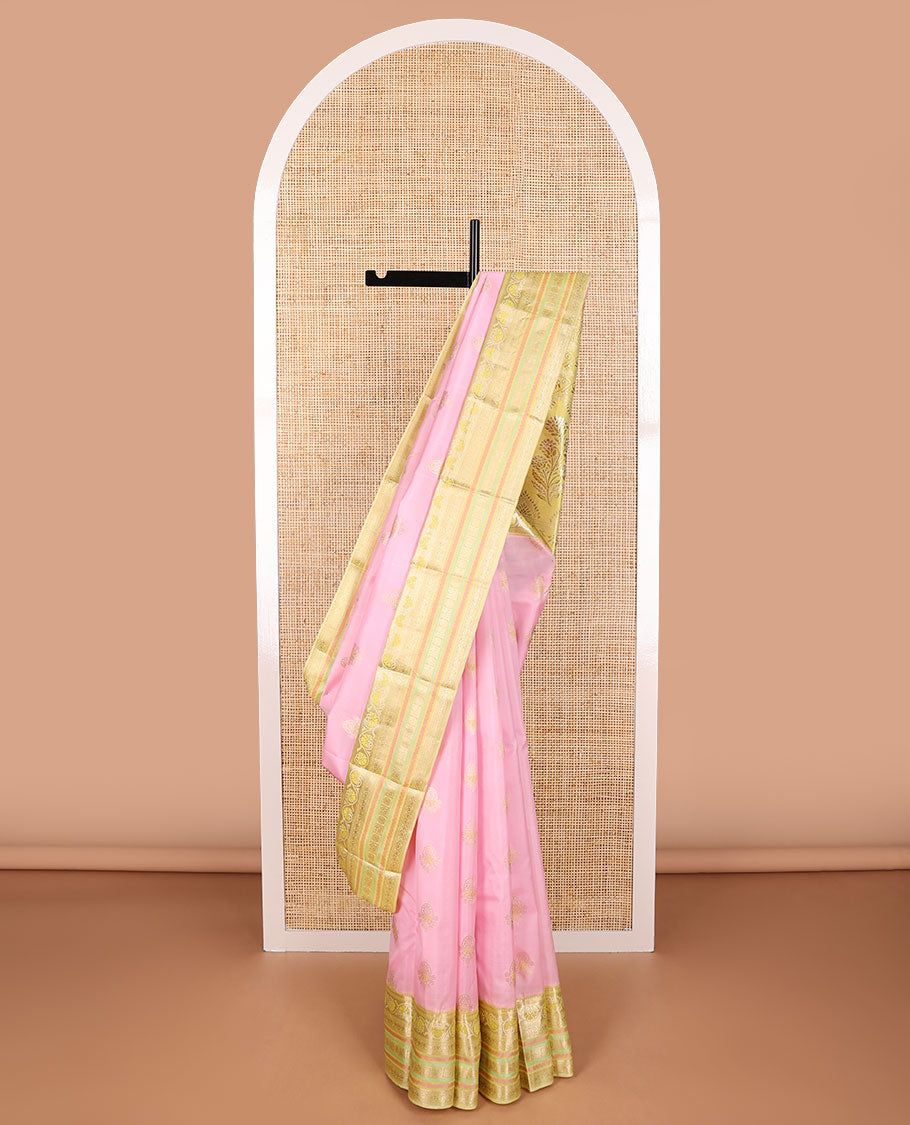 Light pink floral design vasundhara elite silk saree with contrast intricate design border & floral design pallu