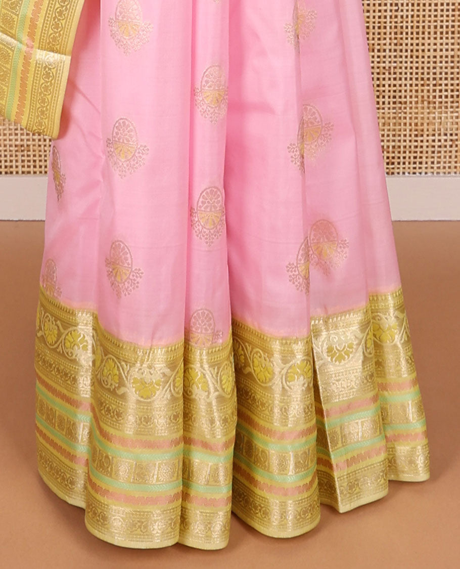 Light pink floral design vasundhara elite silk saree with contrast intricate design border & floral design pallu