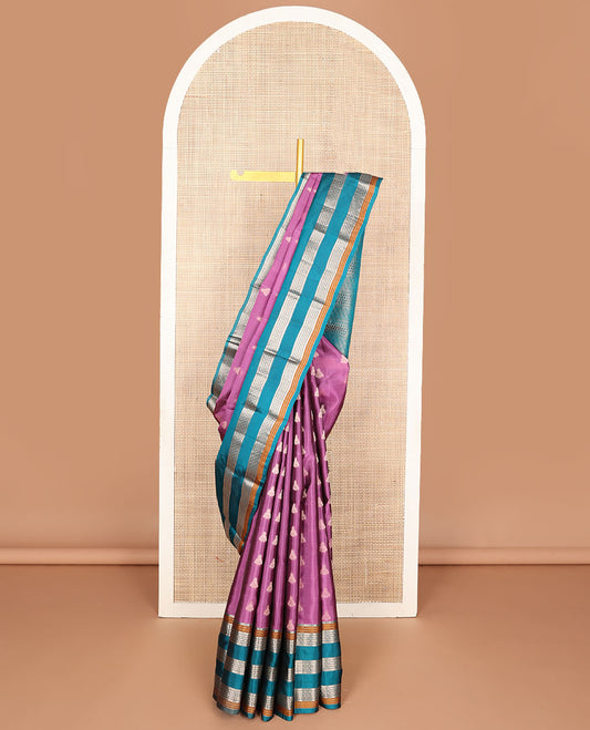 Purple zari buttas vasundhara silk mix saree, contrast rettai pettu border of manga mokku,muthu & rudraksham designs & pallu of geometric patterns