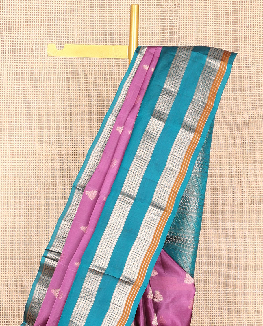 Purple zari buttas vasundhara silk mix saree, contrast rettai pettu border of manga mokku,muthu & rudraksham designs & pallu of geometric patterns