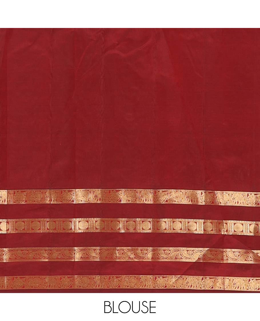 Red zari buttas Vasundhara silk mix saree, zari border of kuthirai, mayil, yaanai, neli, muthu, paisa, and kodi manga designs, and geometric pallu