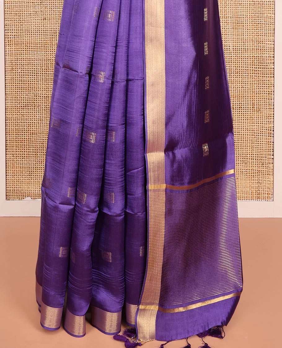 Violet Banana Pith Saree Spotlighted with Square Zari Buttas All Over Its Body, Bavanji Border, Gleaming Zari Striped Pallu, and Paired with a Matching Plain Blouse