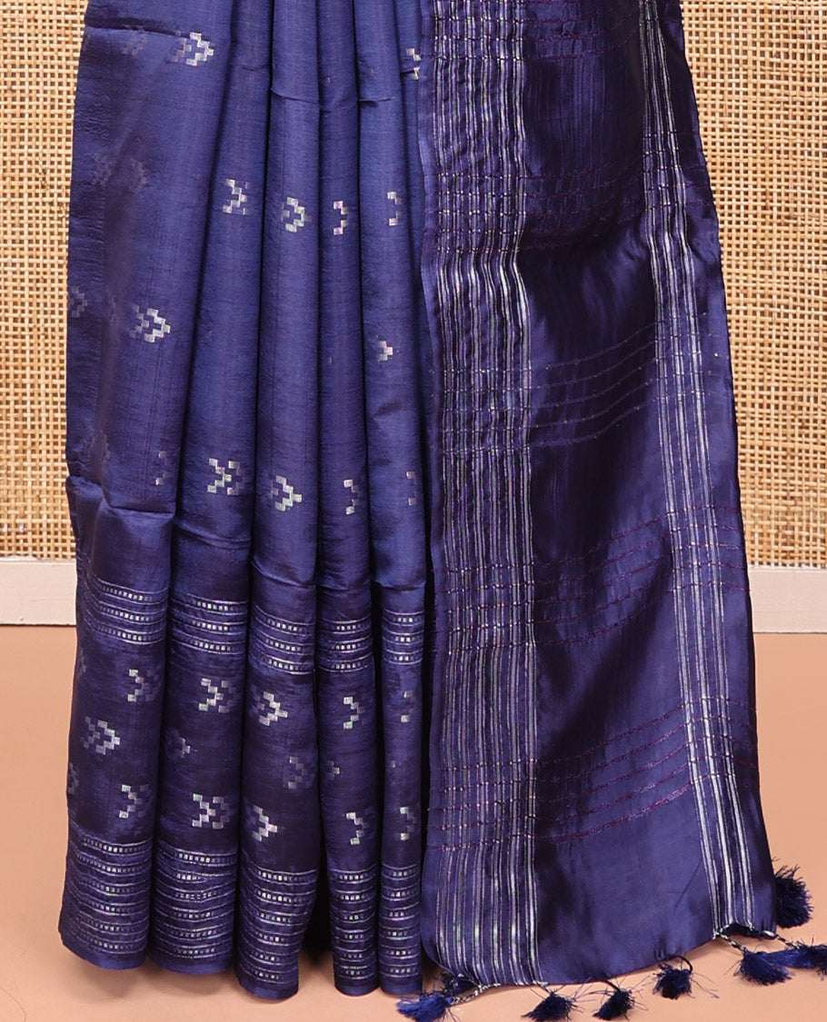 Blue Banana Pith Saree, Finely Crafted with Buttas on Its Body, Subtly Striped Border, Pallu of Stripes, and Paired with a Matching Blouse