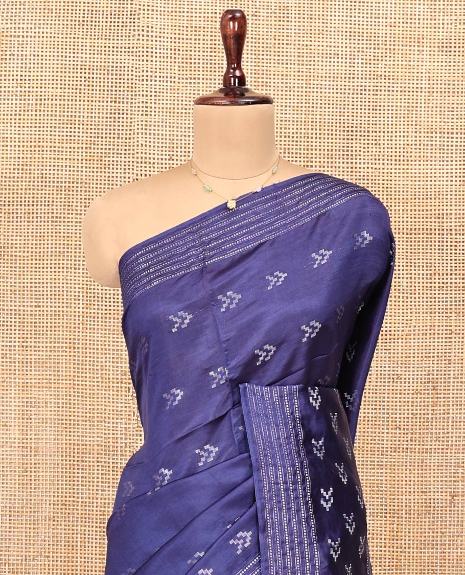 Blue Banana Pith Saree, Finely Crafted with Buttas on Its Body, Subtly Striped Border, Pallu of Stripes, and Paired with a Matching Blouse