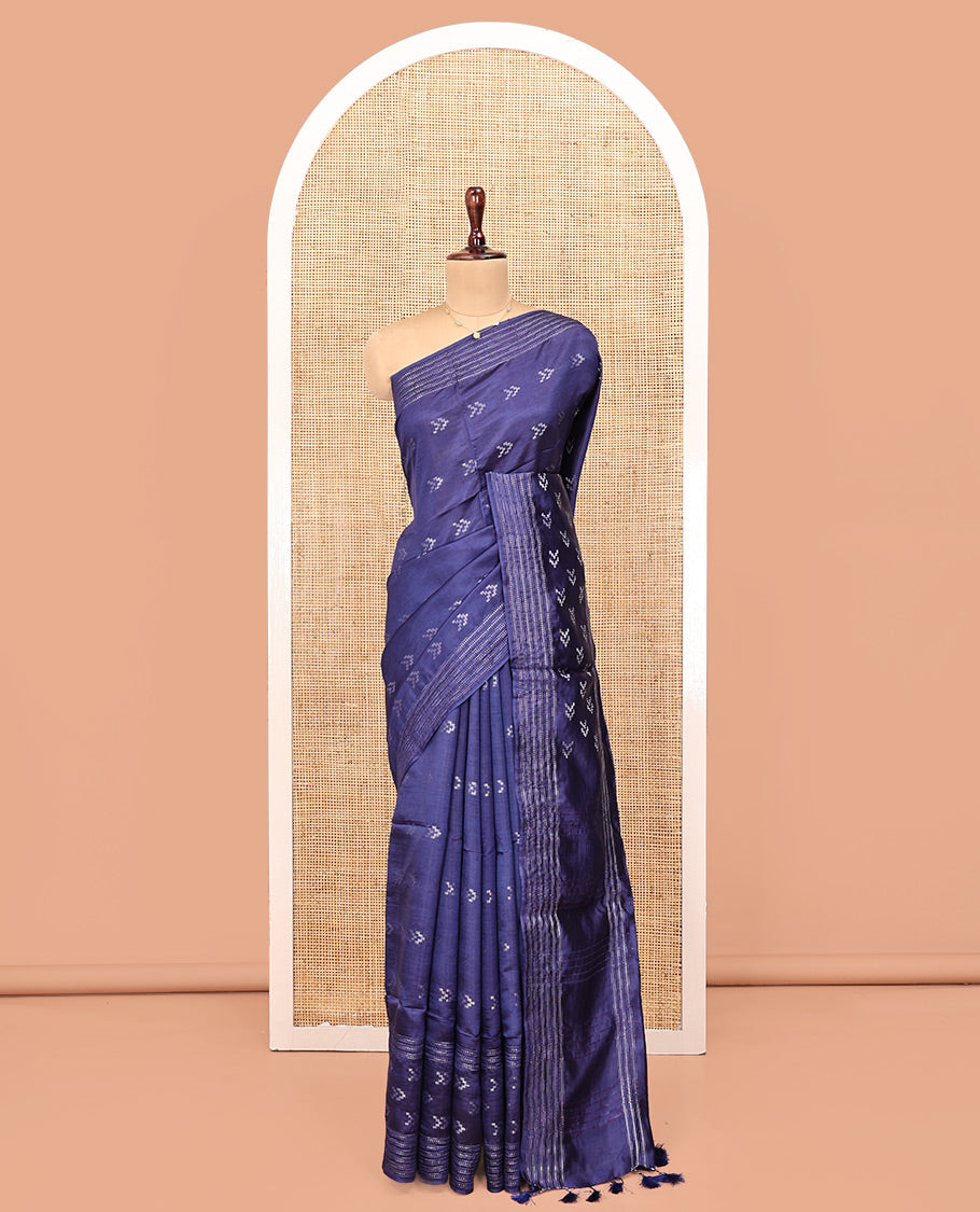 Blue Banana Pith Saree, Finely Crafted with Buttas on Its Body, Subtly Striped Border, Pallu of Stripes, and Paired with a Matching Blouse