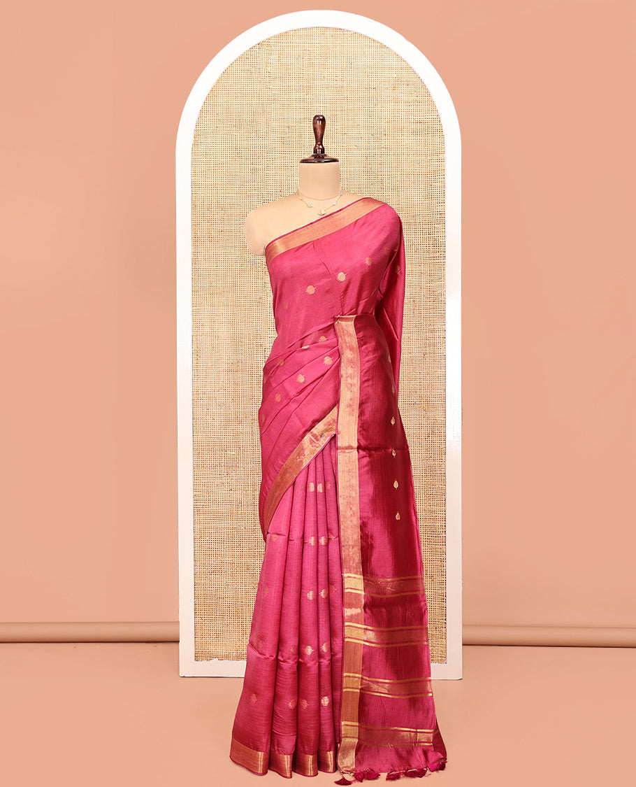 Pink Banana Pith Saree, Graced with Buttas All Over Its Body, Highlighted by Self-Border, Pallu of Zari Stripes, and Paired with a Matching Blouse