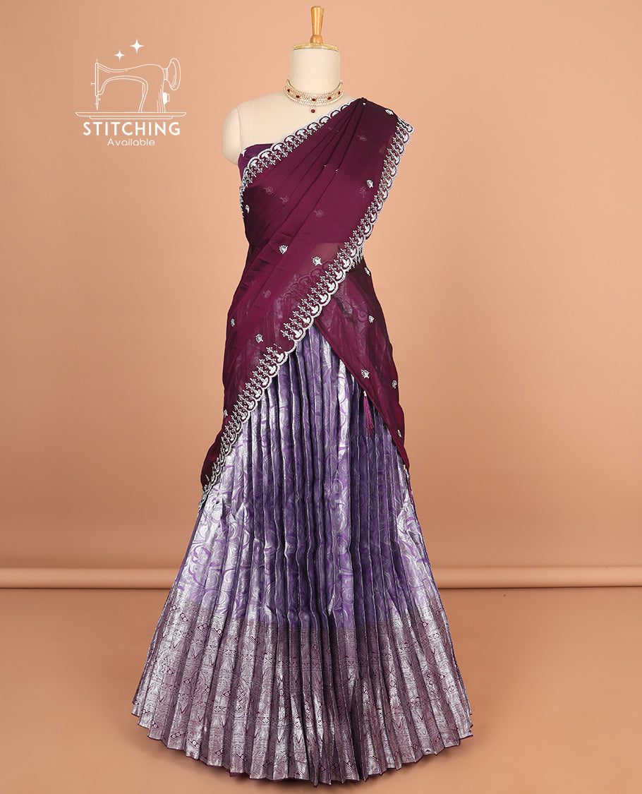 Purple floral design half saree with contrast intricate zari design border , floral motifs embroidery blouse & floral embroidery scallop border dhavani