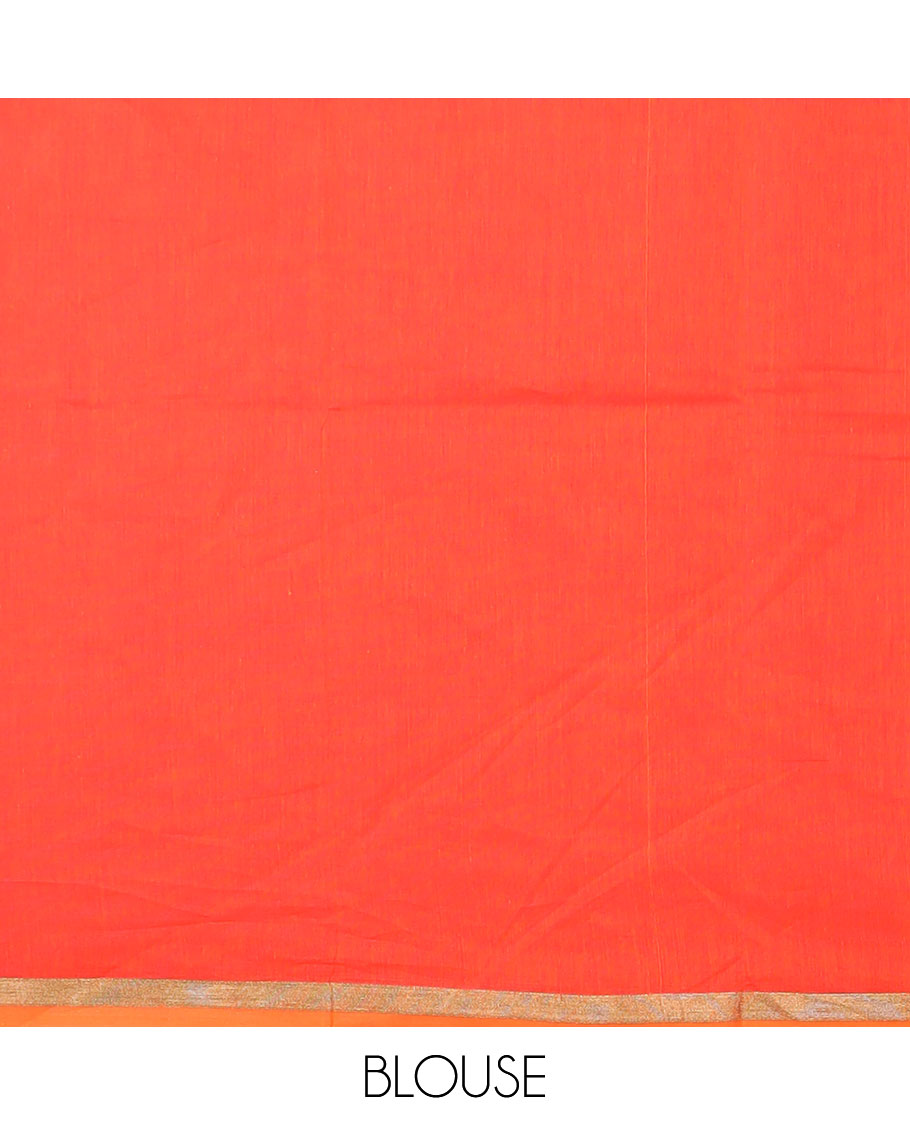 Borderless orange buttas coimbatore cotton saree, thin piping border, and geometric patterned pallu