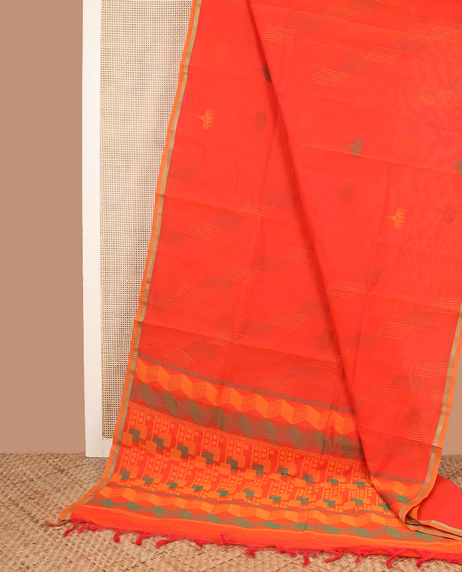 Borderless orange buttas coimbatore cotton saree, thin piping border, and geometric patterned pallu