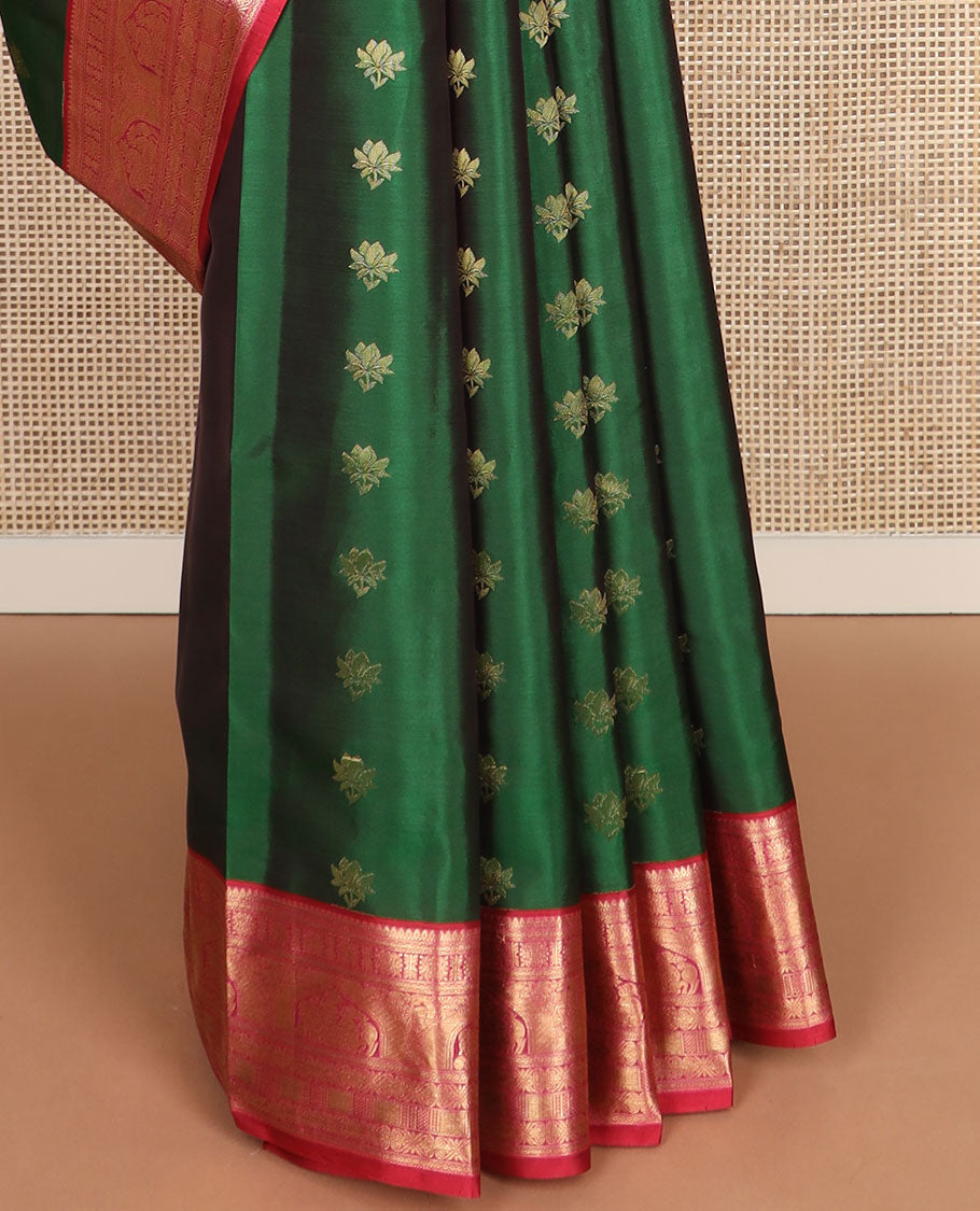 Green zari buttas vasundhara silk mix saree, contrast chakram pallu & border of rekku, diamond,jada nagam & maan designs