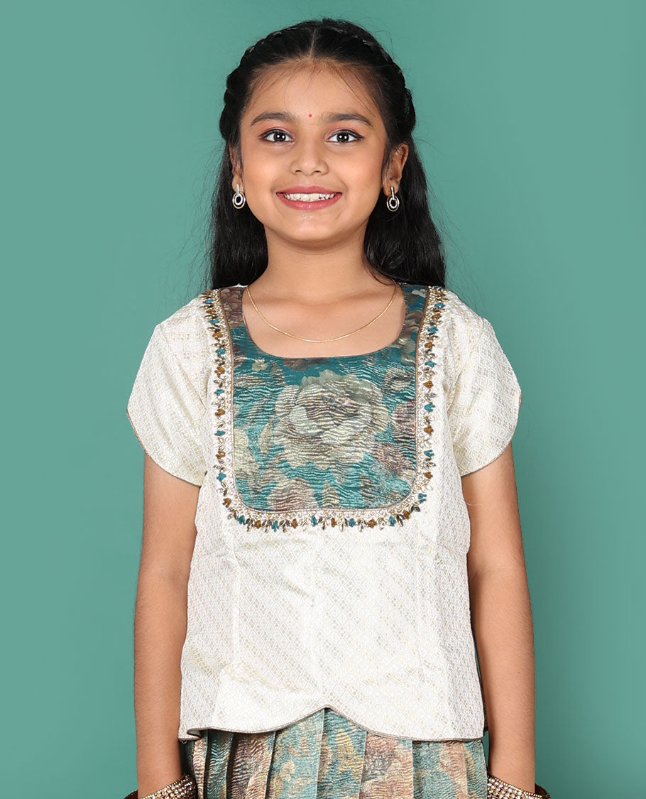 Blue readymade art silk pavadai, floral print & zari border skirt & jacquard embroidered round neck half-sleeve blouse