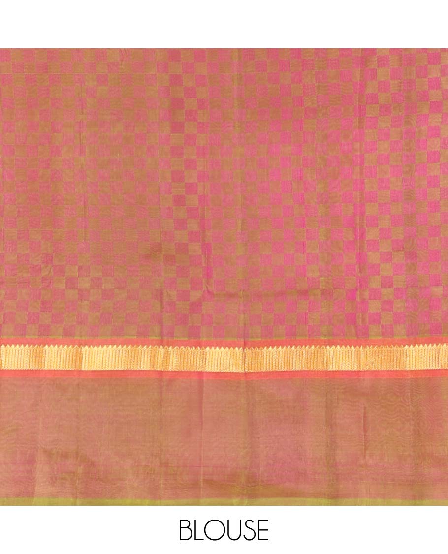 Violet paiyadi kattam Kanchipuram silk saree, contrast border of rekku, and vanki designs, and sparsely checked pallu