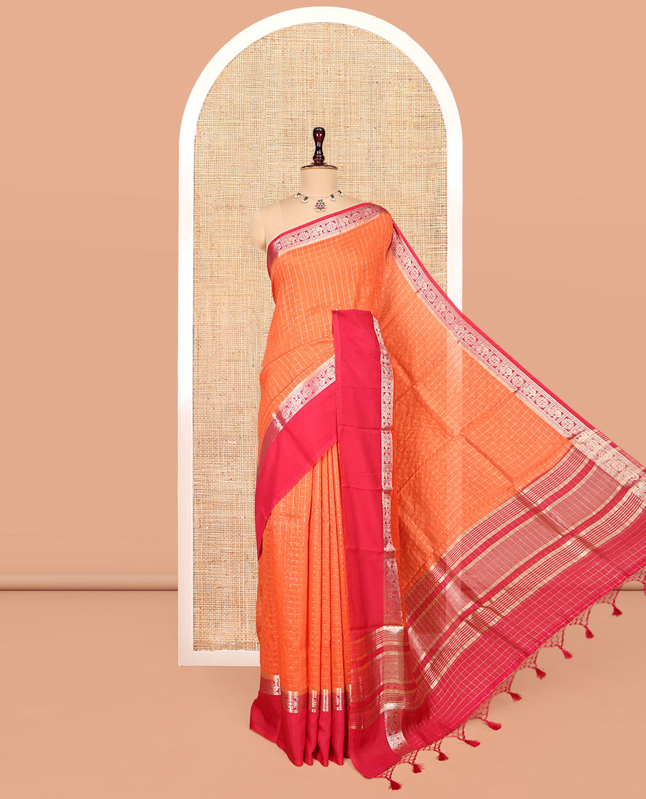 Orange Zari Checked Assam Silk Saree, Complemented by a Contrast Traditional Zari-Woven Border, Zari-Striped Pallu, and a Contrast Blouse