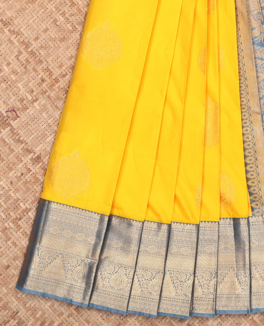 Yellow Budget Silk Saree, Sparsely Woven with Zari Buttas, Complemented by a Contrast Traditional Border, Grand Pallu, and a Contrast Blouse