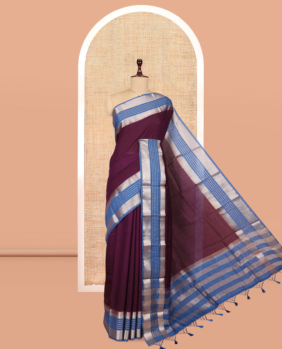 Purple Plain Assam Silk Saree, Complemented by Contrast Traditional Zari Border, Zari Woven Pallu, and Contrast Blouse
