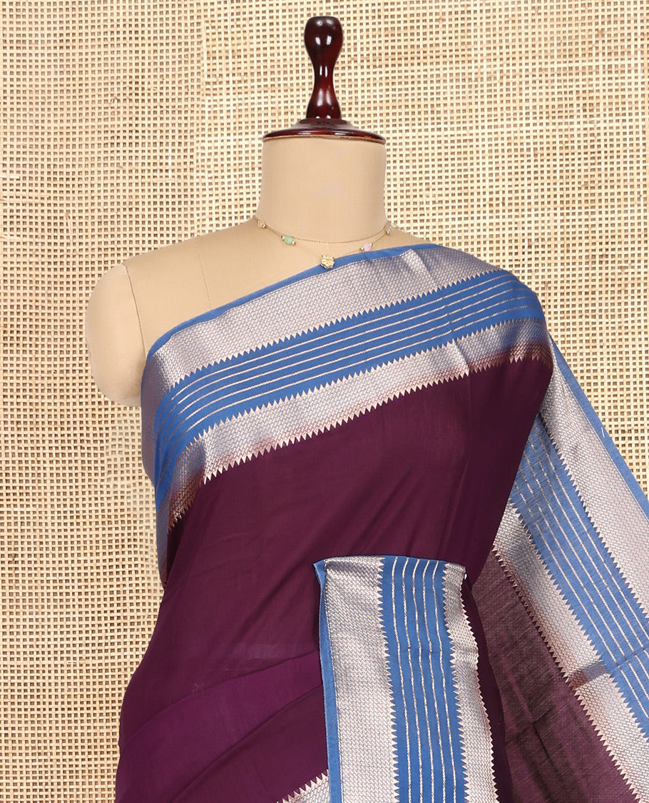 Purple Plain Assam Silk Saree, Complemented by Contrast Traditional Zari Border, Zari Woven Pallu, and Contrast Blouse