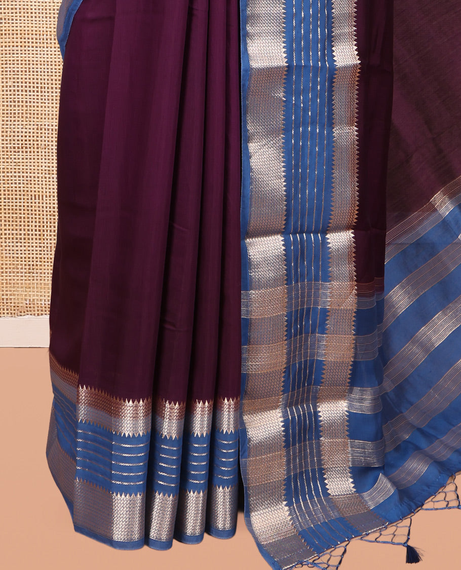 Purple Plain Assam Silk Saree, Complemented by Contrast Traditional Zari Border, Zari Woven Pallu, and Contrast Blouse