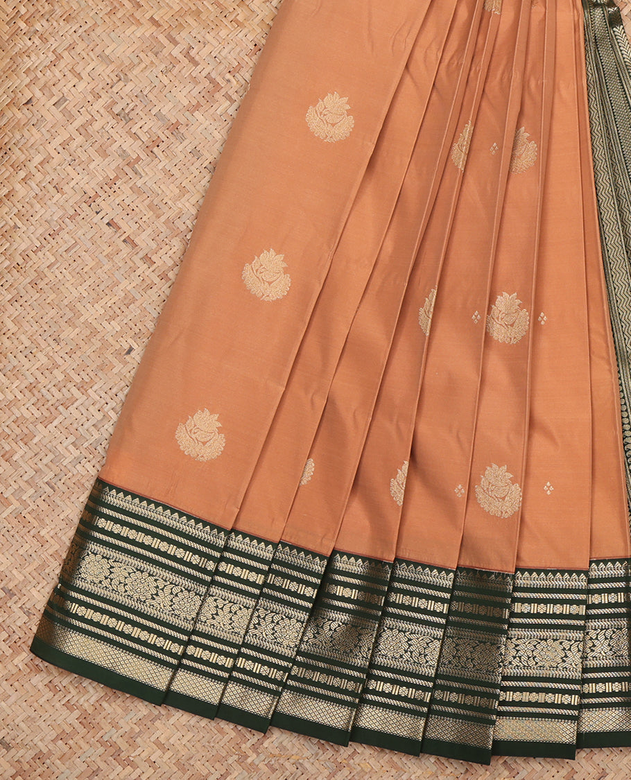 Light Brown Budget Silk Saree, Adorned with Zari Buttas, Complemented by a Contrast Traditional Zari Border, Grand Pallu, and Contrast Blouse