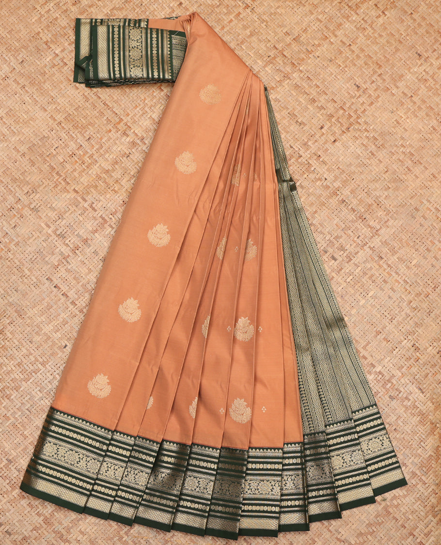 Light Brown Budget Silk Saree, Adorned with Zari Buttas, Complemented by a Contrast Traditional Zari Border, Grand Pallu, and Contrast Blouse