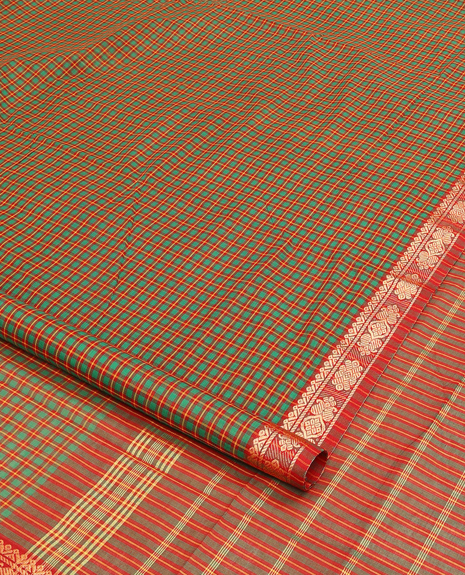 Multi-color micro-checked nine-yard cotton saree, traditional motifs border, and pallu of stripes