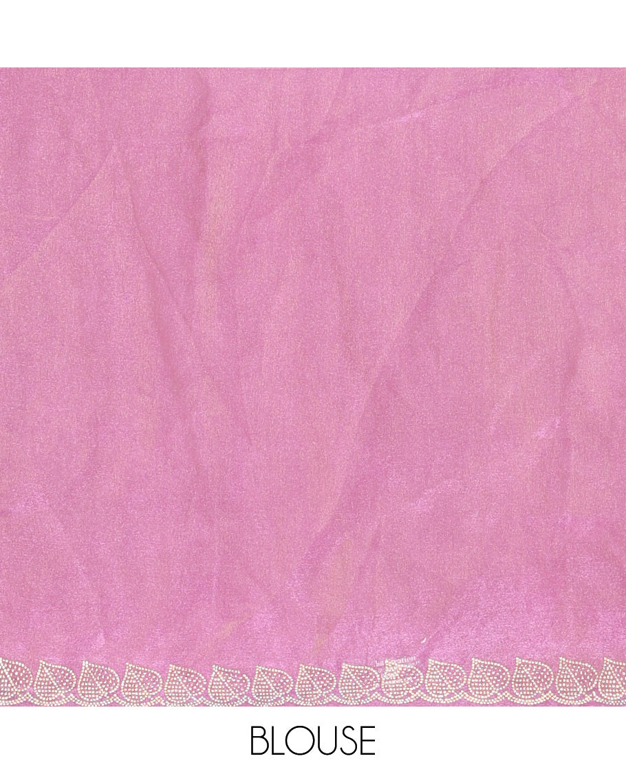 Onion pink stone embroidered leaf vine designer saree, scallop leaf motifs in stone work border