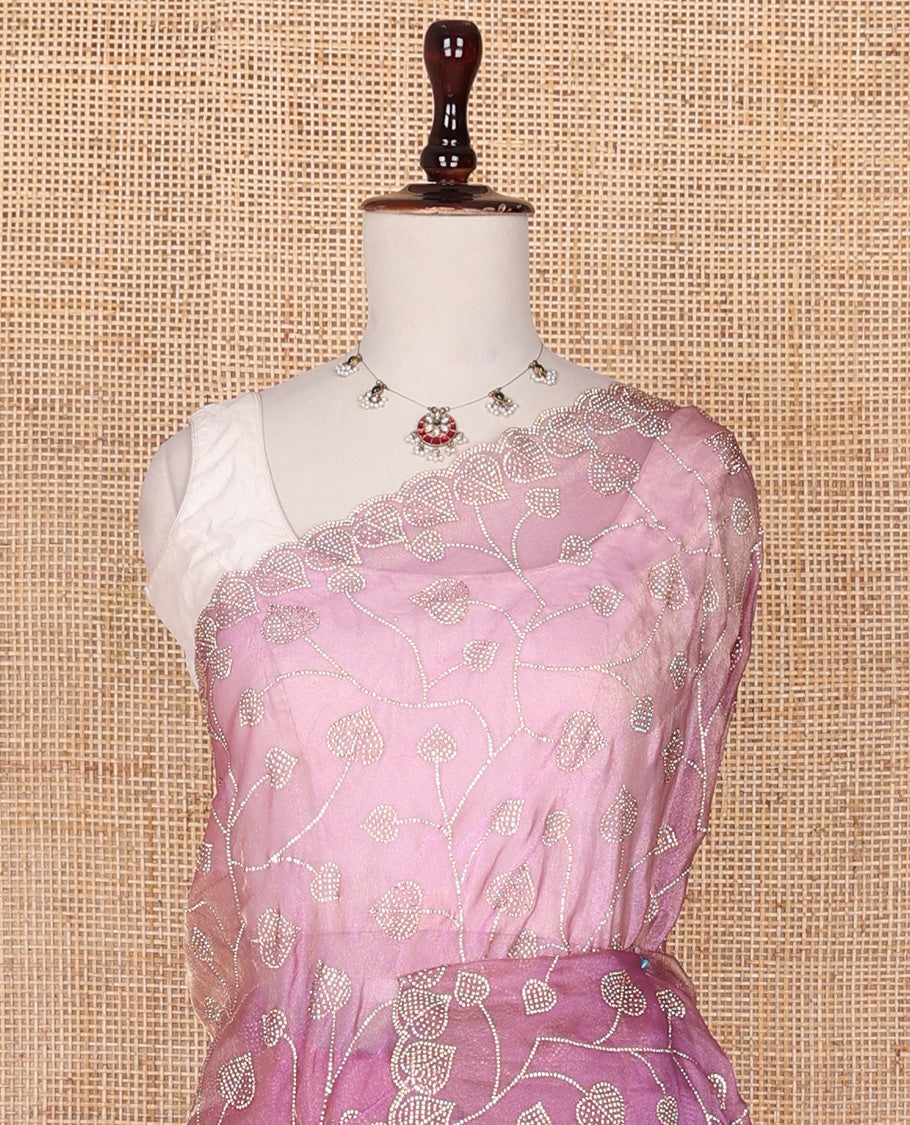 Onion pink stone embroidered leaf vine designer saree, scallop leaf motifs in stone work border