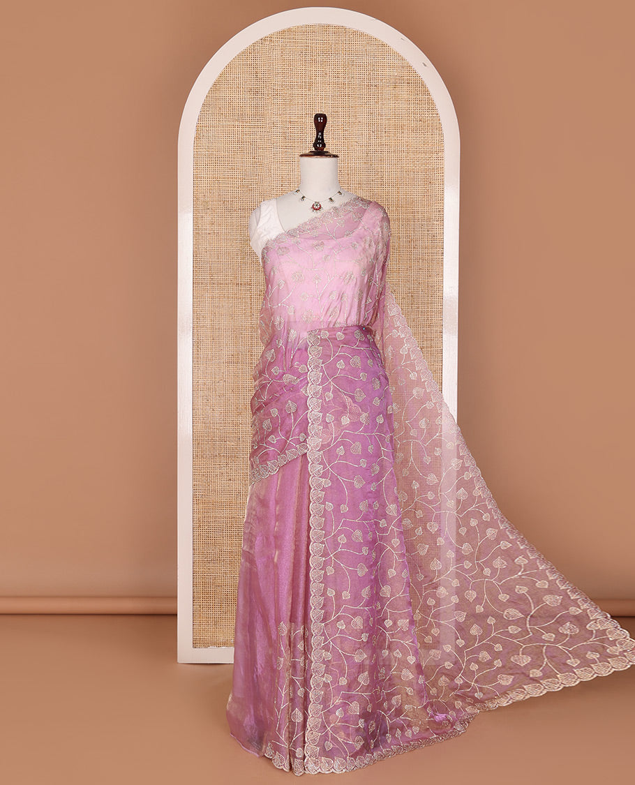 Onion pink stone embroidered leaf vine designer saree, scallop leaf motifs in stone work border