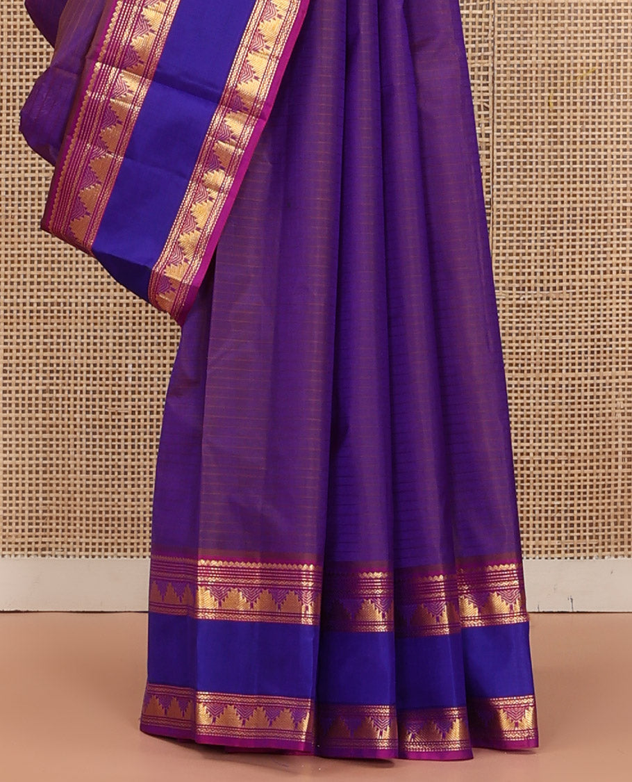 Brown Kanchipuram Silk Saree Adorned with Vazhaipoo Stripes, Complemented by a Contrast Rettai Pettu Border of Thilakam Mokku, Muthu, Neli, and Thazampoo Rekku Designs, Sparsely Woven Pallu, and Paired with a Contrast Blouse